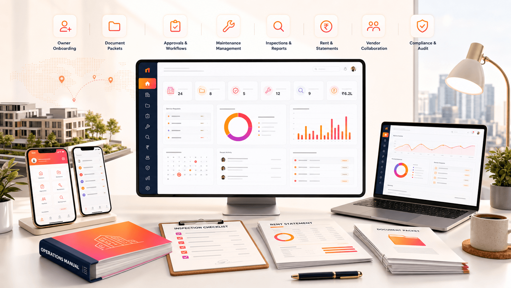 nriaasthi operations wiki cover showing dashboards, documents, rent statements, and mobile app screens