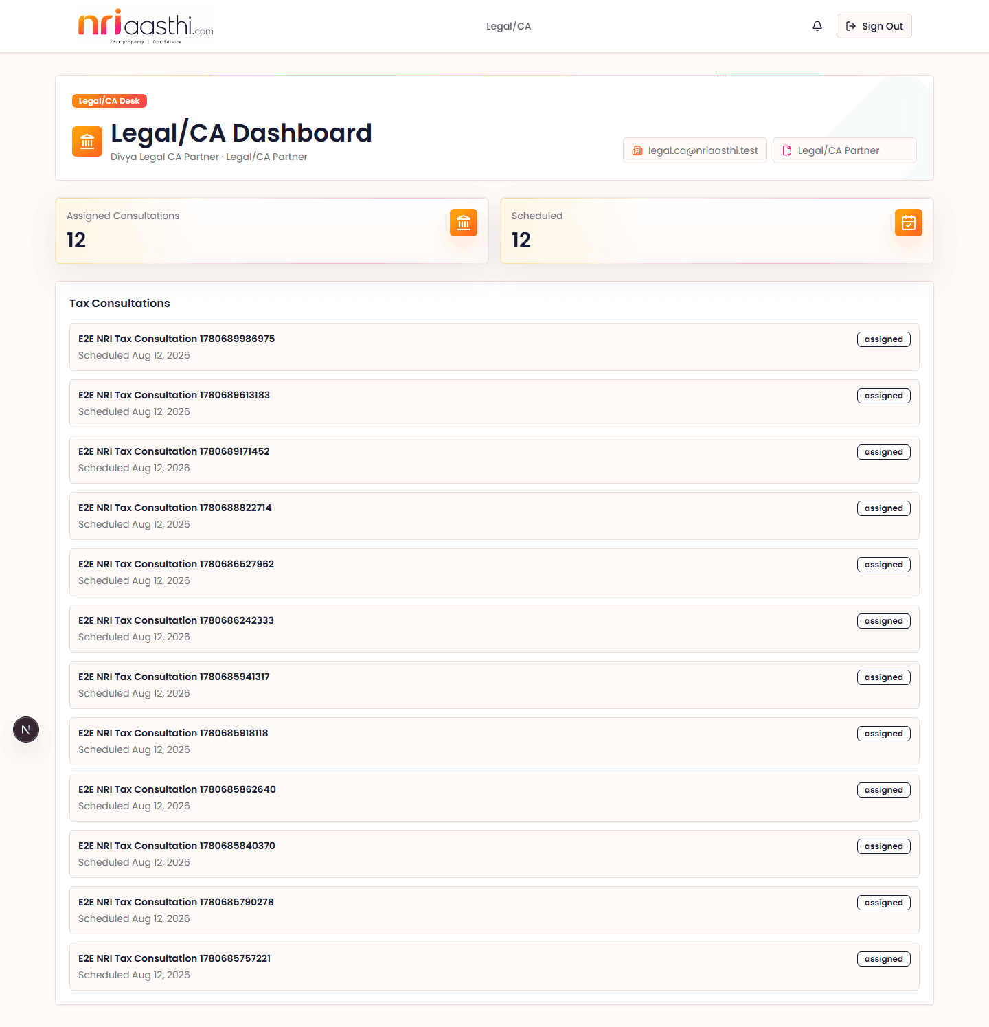 Legal/CA Partner dashboard screenshot