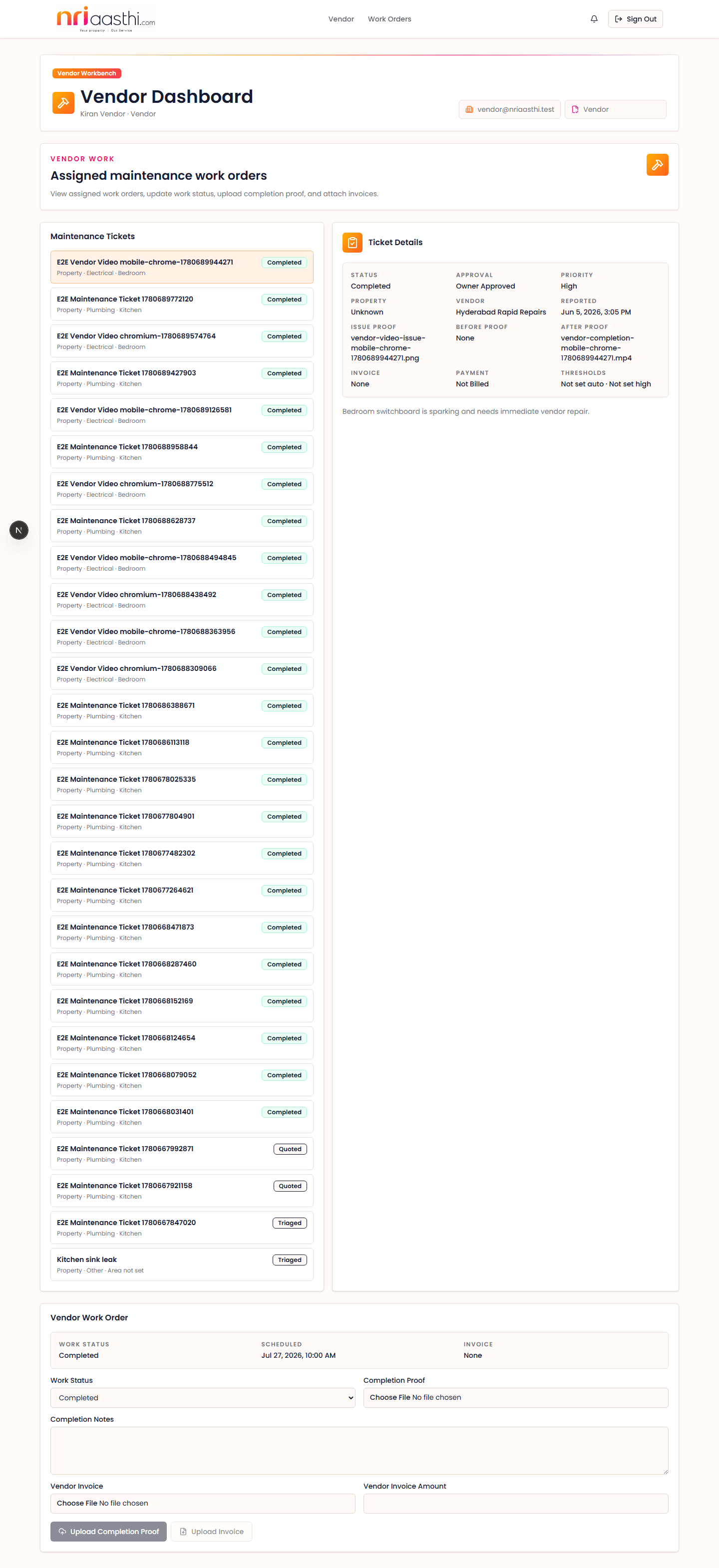 Vendor dashboard screenshot
